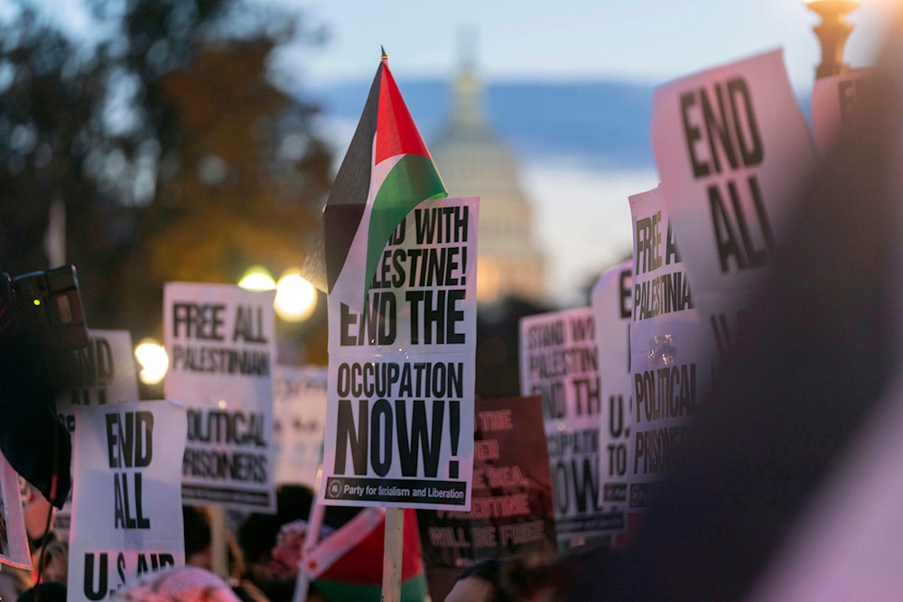 Protesters rally during a pro-Palestinian demonstration asking for a cease fire in Gaza at Union Station in Washington, Friday, Nov. 17, 2023. (AP)