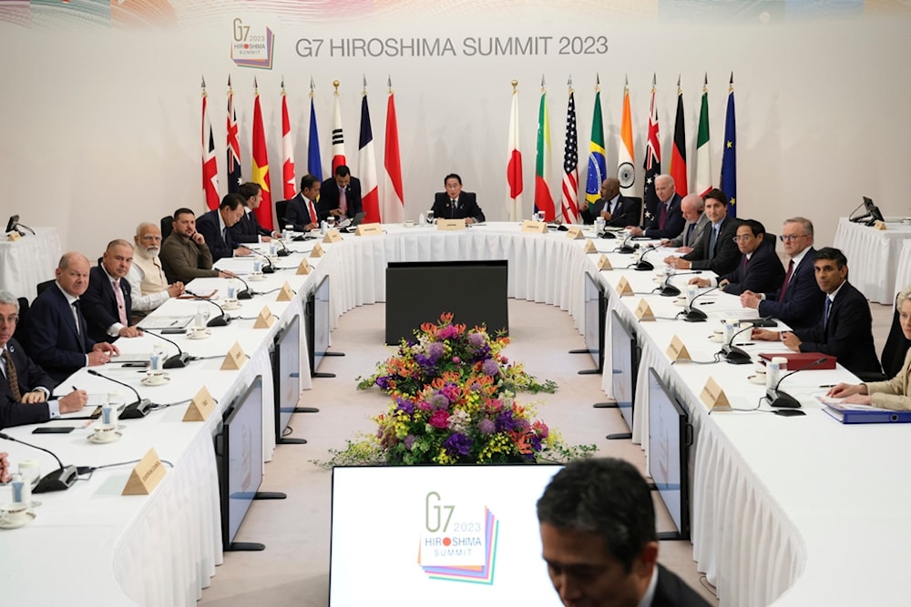 Leaders of the Group of Seven nations attend a session with other guest countries including Ukraine's Volodymyr Zelensky in Hiroshima, western Japan, Sunday, May 21, 2023. (AP)