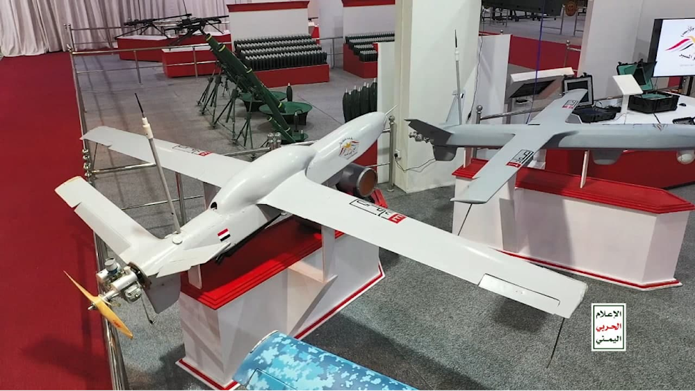 A screengrab from a Yemeni Military Media video from 2021 depicting Yemeni made drone models from one the military exhibition (Military Media)