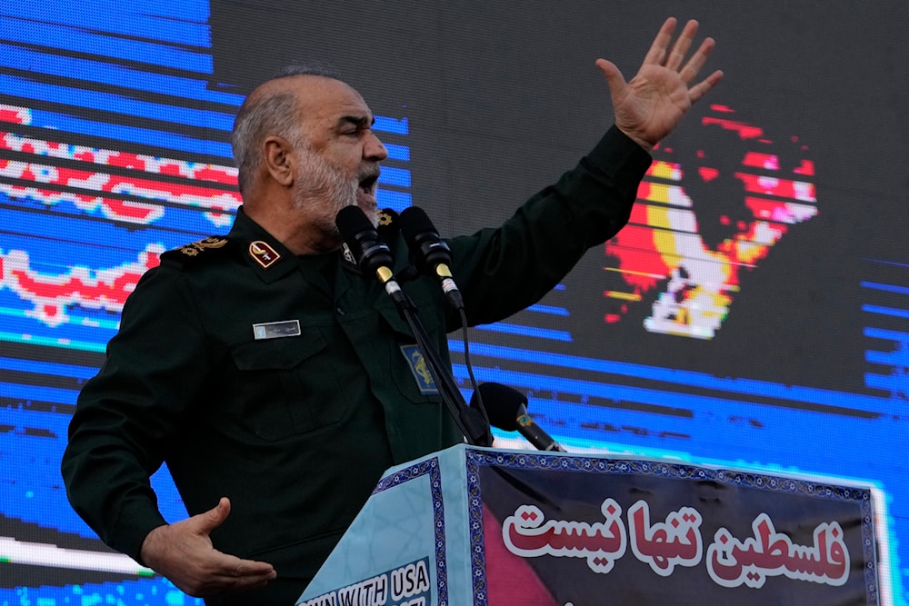 Chief of Iran's Revolutionary Guard Hossein Salami addresses in a pro-Palestinian rally at Enqelab-e-Eslami (Islamic Revolution) Sq. in Tehran, Iran, Saturday, Nov. 18, 2023. (AP)