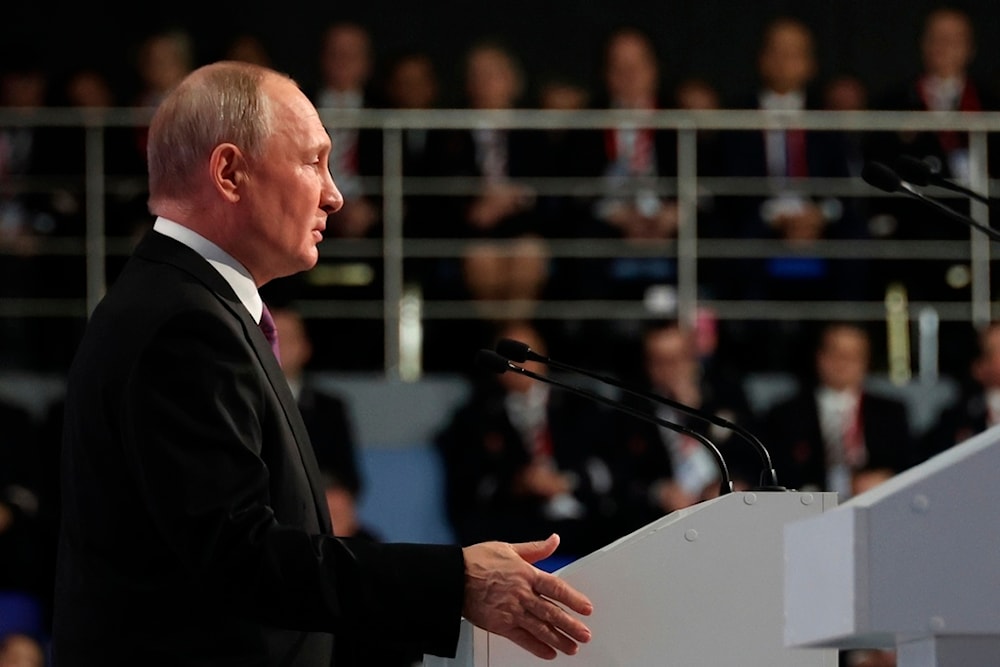 Russian President Vladimir Putin speaks addressing the 4th Railway Congress at the Luzhniki Olympic Complex in Moscow, Russia, Friday, Dec. 15, 2023. (AP)