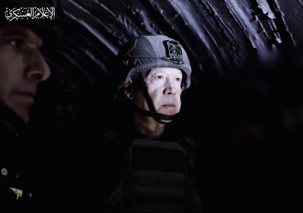 Israeli occupation Security Minister Yoav Gallant at a Hamas tunnel in the northeastern Gaza Strip in a video published by the Palestinian Resistance's media wing on December 18, 2023 (Screengrab)