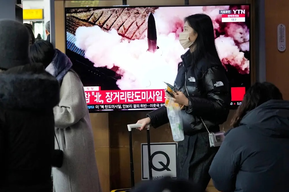 A news broadcast in Seoul on Monday, with footage from an earlier North Korean missile launch. (AP)