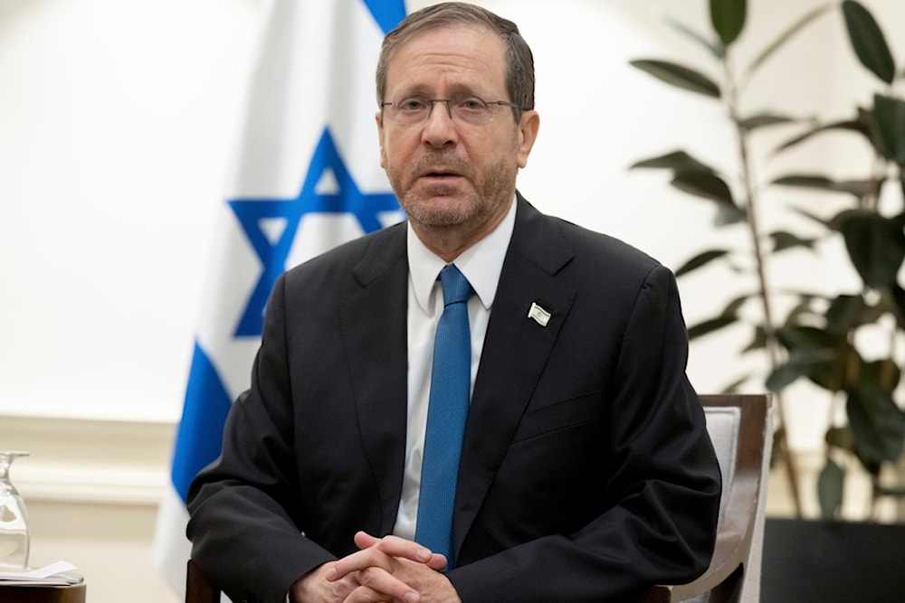 Israeli President Isaac Herzog speaks during a meeting with US Secretary of State Antony Blinken, in 