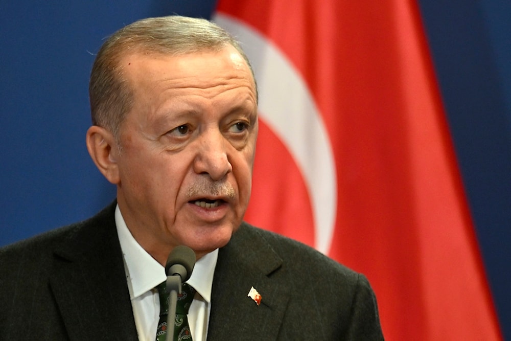 Turkey's President Recep Tayyip Erdogan speaks during a joint statement with Hungary's Prime Minister Viktor Orban at the Carmelite Monastery in Budapest, Hungary, Monday, Dec. 18, 2023. (AP)