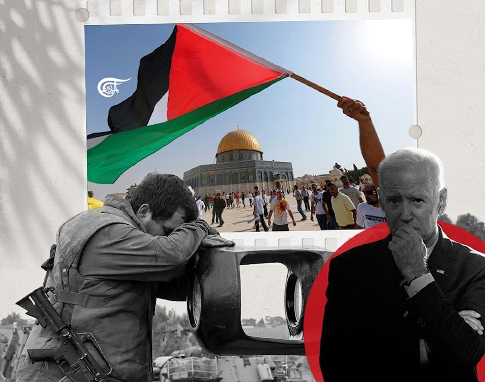 The Biden administration and Israel have miscalculated the impenetrability of their public relations campaign, which clothes itself in doublespeak and chilling euphemisms for mass slaughter. (Al Mayadeen English; Illustrated by Arwa Makki)