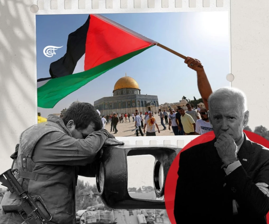 The Biden administration and Israel have miscalculated the impenetrability of their public relations campaign, which clothes itself in doublespeak and chilling euphemisms for mass slaughter. (Al Mayadeen English; Illustrated by Arwa Makki)