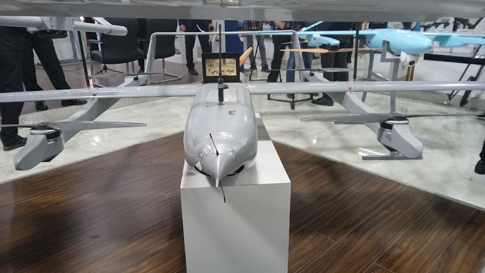 Iranian homegrown vertical take-off and landing (VTOL) drone, dubbed Chamrosh-4, displaced at an exhibition arranged by the Islamic Republic of Iran Navy in Tehran, Iran, on December 2, 2023. (IRNA)