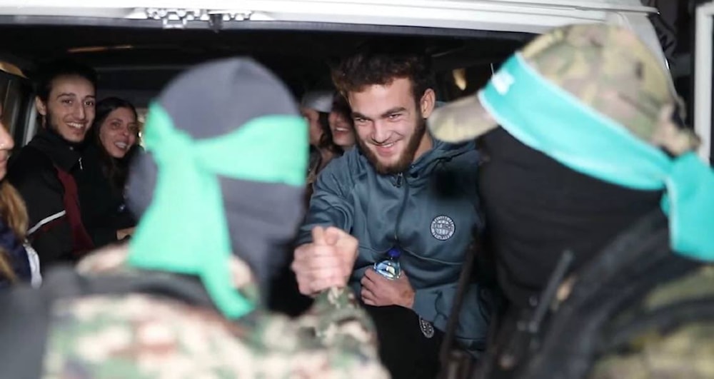 Screenshot from a video released on November 30, 2023, depicting the release of Israeli captives that were held by Hamas in the occupied Gaza Strip. (Military media)