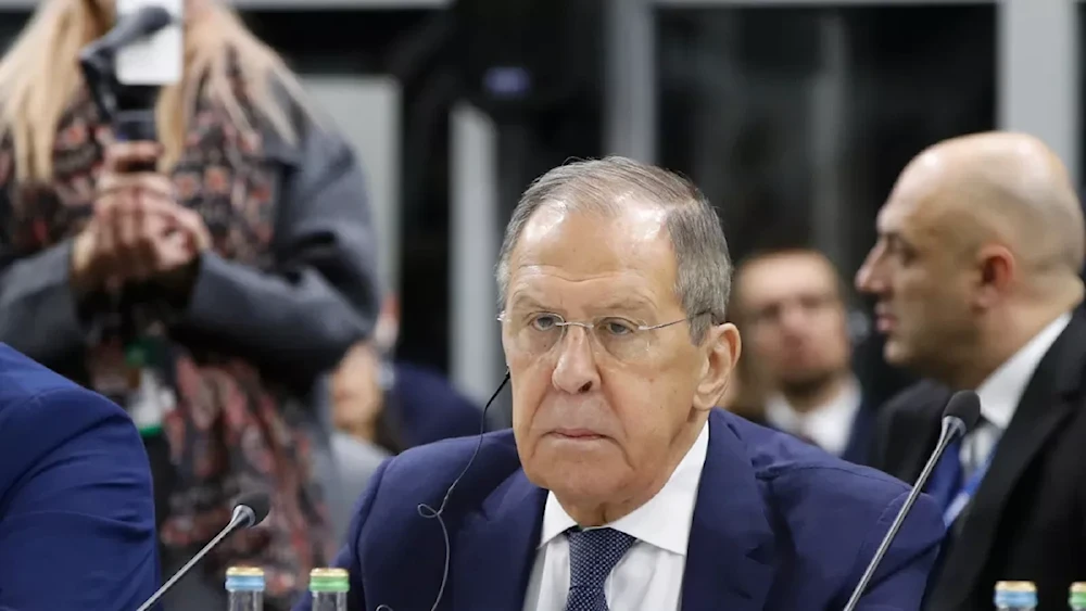 Russia's Foreign Minister Sergey Lavrov, front, attends the plenary session of the OSCE, Skopje Macedonia 30 November 2023 (AP)