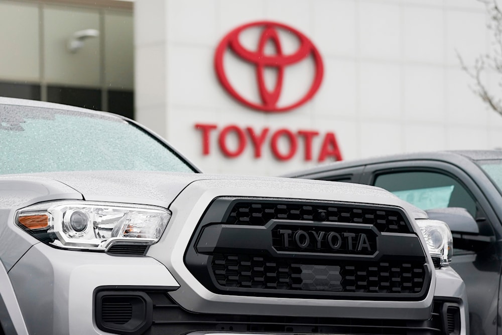 A logo of Toyota Motor Corp. is seen at its dealership in Lakewood, Colo., on March 21, 2021. (AP)