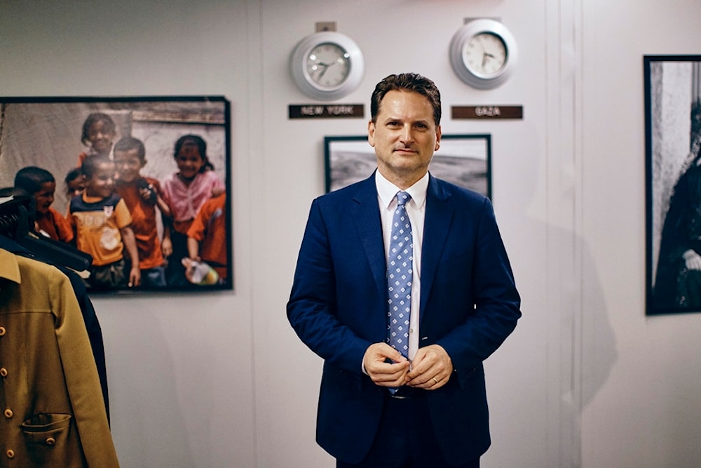 Head of the UN agency for Palestinian refugees, Pierre Krahenbuhl poses for a portrait on Thursday, Sept. 27, 2018, in New York. (AP Photo/Andres Kudacki)