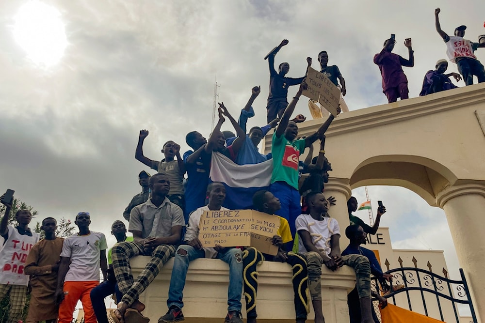 Supporters of Niger's ruling junta gather at the start of a protest called to fight for the country's freedom and push back against foreign interference in Niamey, Niger, Aug. 3, 2023 (AP)