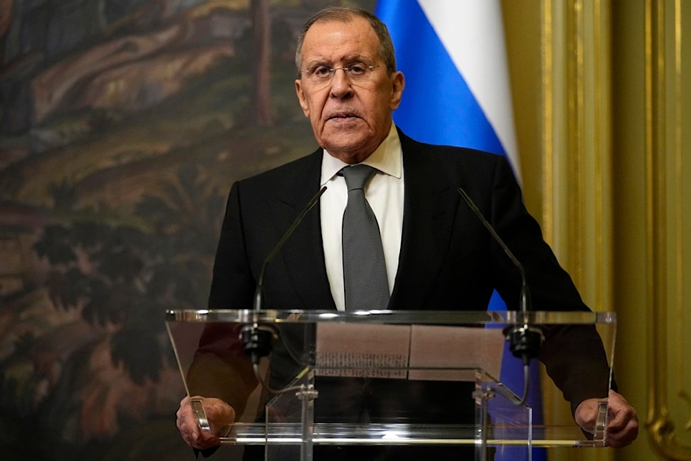 Russian Foreign Minister Sergey Lavrov attends a joint news conference with Belarusian Foreign Minister Sergei Aleinik following their talks in Moscow, Russia, Friday, Dec. 15, 2023. (AP)