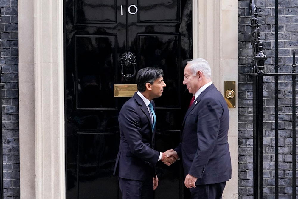 Britain's Prime Minister Rishi Sunak with Israeli Prime Minister Benjamin Netanyahu at 10 Downing Street in London, March 24, 2023. (AP)