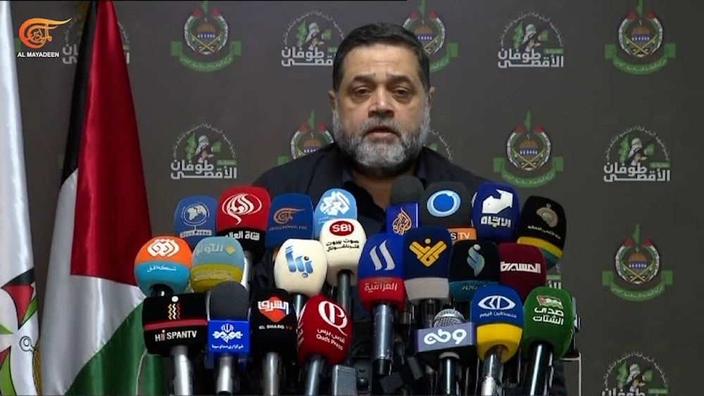 Hamas politburo member Osama Hamdan delivers a public address on December 23, 2023 (Screengrab)