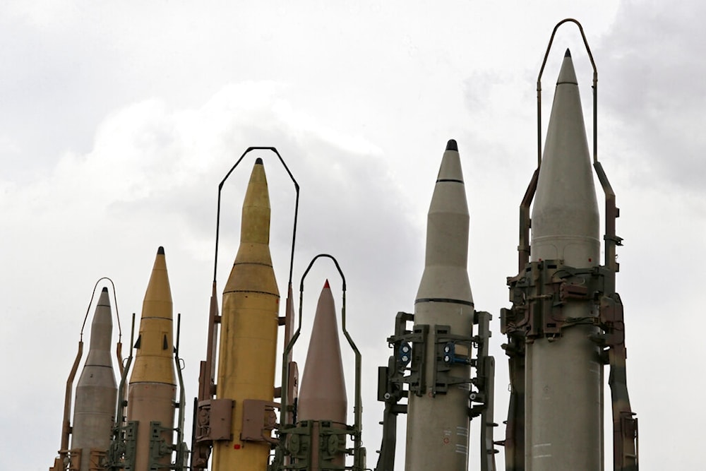 A group of domestically built surface-to-surface missiles are displayed at a military show at Imam Khomeini Grand Mosque, in Tehran, Iran, February 3, 2019 (AP) 
