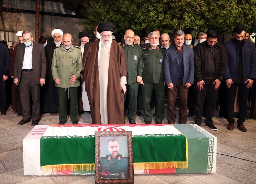 Sayyed Khamenei attends funeral of Seyyed Razi Mousavi.