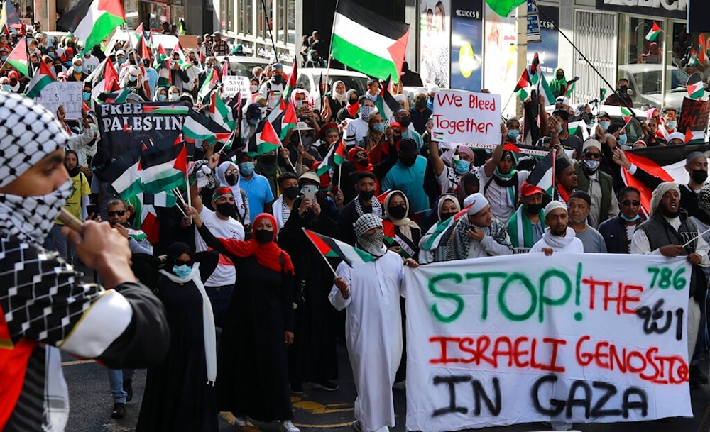 South Africans protest against Israeli occupation's aggression on Gaza, outside the parliament in Cape Town, South Africa, May 12, 2021 (AP)