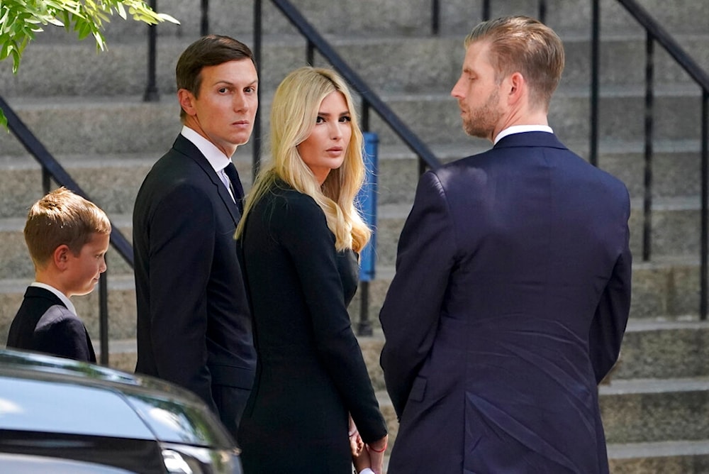 From right, Eric Trump, Ivanka Trump and Jared Kushner arrive for the funeral of Ivana Trump, Wednesday, July 20, 2022, in New York (AP Photo/John Minchillo)