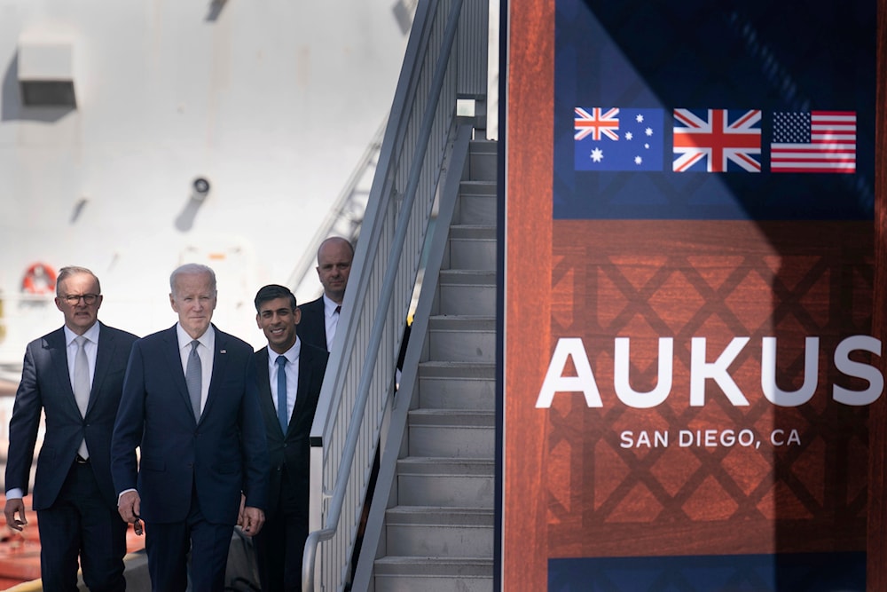Britain's Prime Minister Rishi Sunak, second right, walks during a meeting with U.S. President Joe Biden and Australian Prime Minister Anthony Albanese in San Diego, on March 13, 2023 (AP)