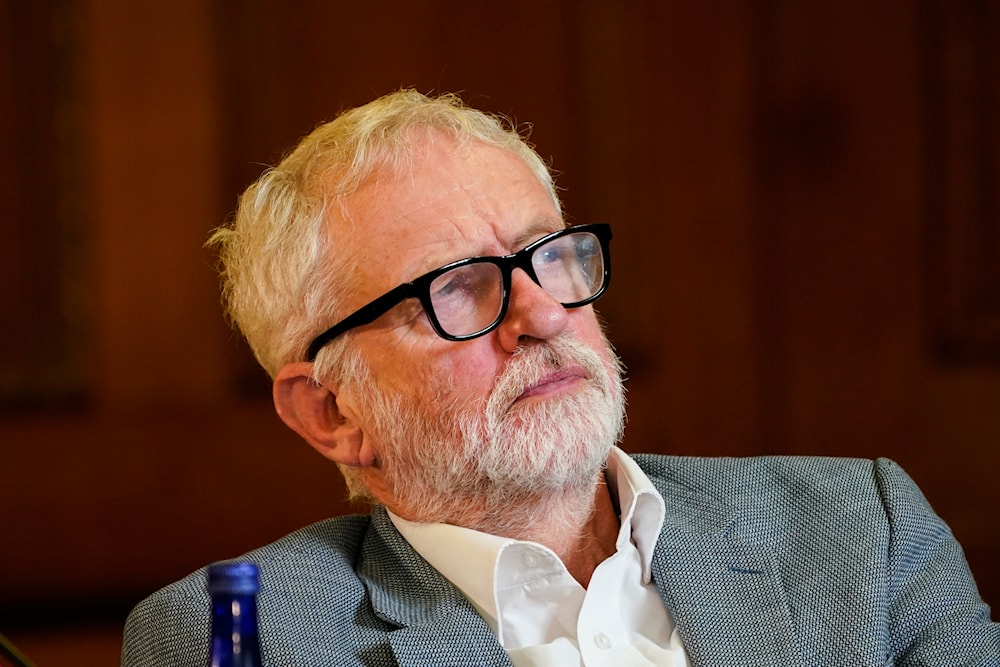 Britain's former leader of the Labour Party Jeremy Corbyn attends the 'Belmarsh Tribunal', at Church House in London, Friday, Oct. 22, 2021. (AP)