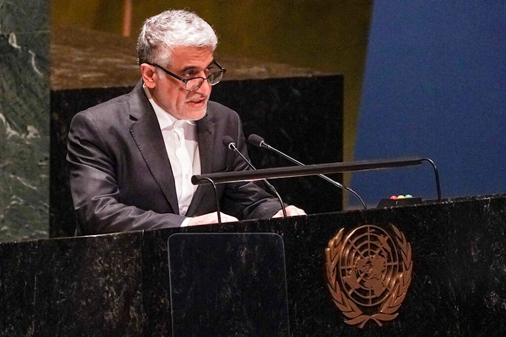 Iran's United Nations Ambassador Amir Saeid Iravani address the U.N. General Assembly on Feb. 23,2023 (AP)