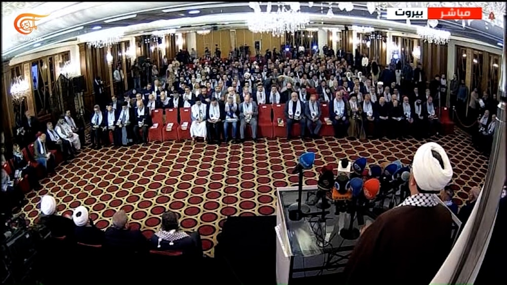 An Islamic Radio and Television Union meeting in support of the journalists afflicted by the Israeli occupation's aggression in Beirut, Lebanon, December 6, 2023 (Al Mayadeen screengrab)