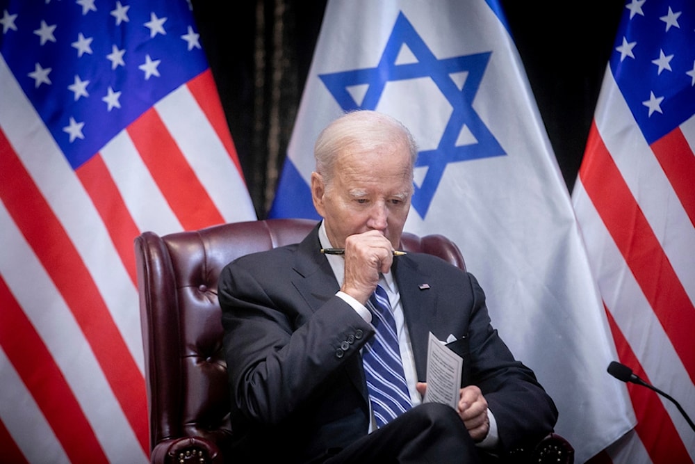 U.S. President Joe Biden pauses during a meeting with Israeli Prime Minister Benjamin Netanyahu to discuss the war in Gaza, in Occupied Palestine, Oct. 18, 2023 (AP)