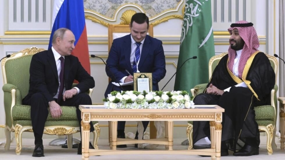 Russia's Vladimir Putin holds talks with Saudi Crown Prince Mohammed bin Salman in Riyadh, Saudi Arabia on December 6, 2023. (Kremlin pool photo via AP