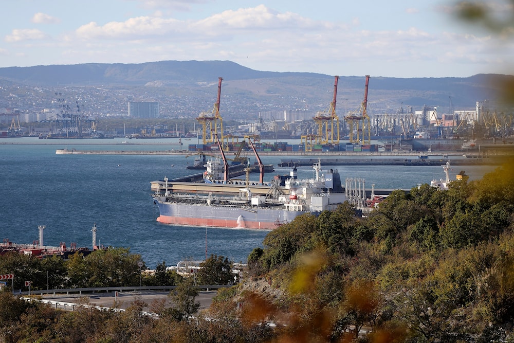 An oil tanker is moored at the Sheskharis complex, part of Chernomortransneft JSC, a subsidiary of Transneft PJSC, in Novorossiysk, Russia, on Oct. 11, 2022 (AP)