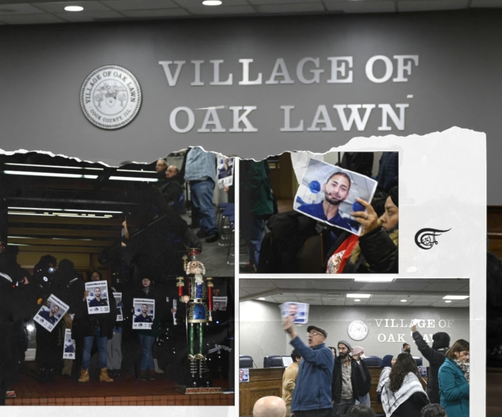 A few feet from Fadia, and in front of the Oak Lawn Police Station, protesters stood outside carrying banners with Kurdi's images and bold text that reads, “Justice for Murod Kurdi.” (Al Mayadeen English; Illustrated by Arwa Makki)