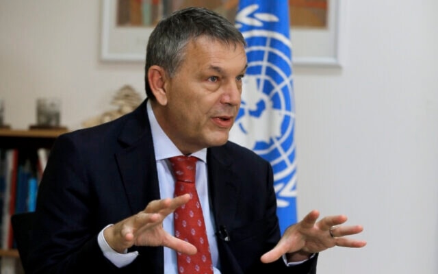 The Commissioner-General of UNRWA, Philippe Lazzarini, speaks during an interview with The Associated Press at the UN relief agency headquarters in Beirut, Lebanon, September 16, 2020. (AP)