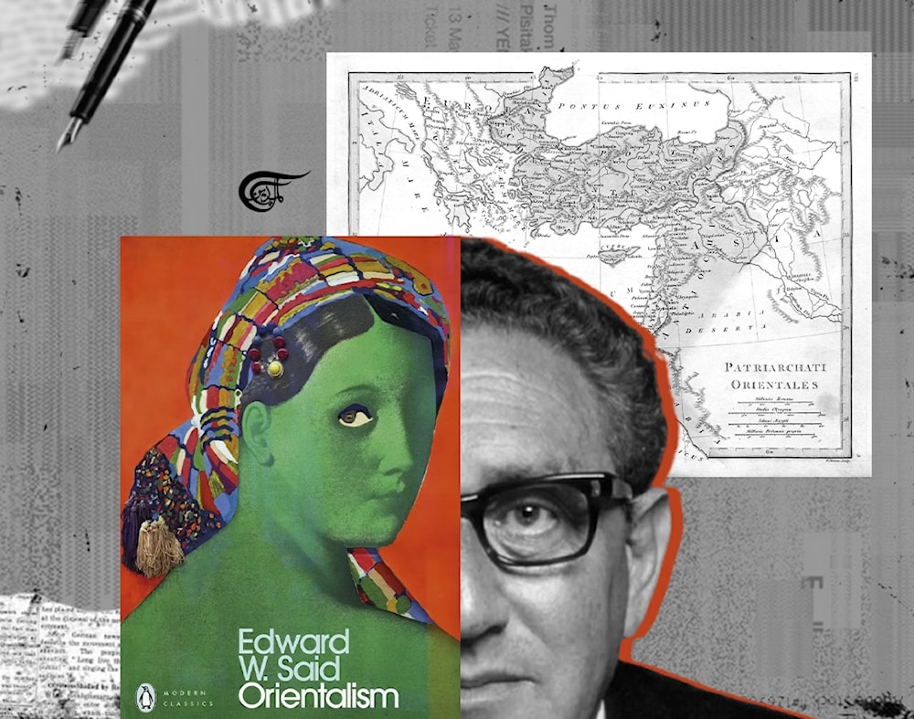 As Edward Said explained, both traditional orientalists and Kissinger conceive the difference between cultures, firstly, as a kind of front line along which they oppose each other. (Al Mayadeen English; Illustrated by Batoul Chamas)
