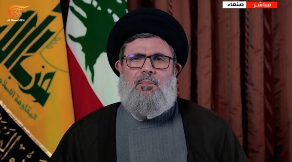 Head of the Executive Council of Hezbollah, Mr. Hashem Safi al-Din, during his participation in the expanded scholarly conference in Sanaa in support of Gaza (ScreenGrab/Al Mayadeen TV)