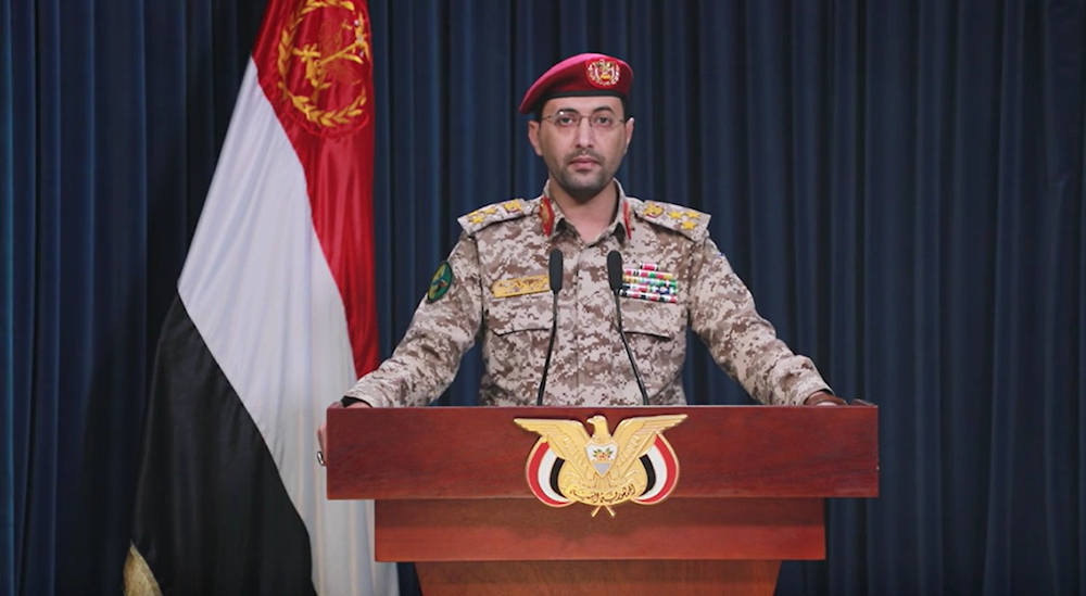 A screenshot from a video of the Yemeni Armed Forces spokesperson Yahya Saree giving a press briefing on January 10, 2024. (Military media)