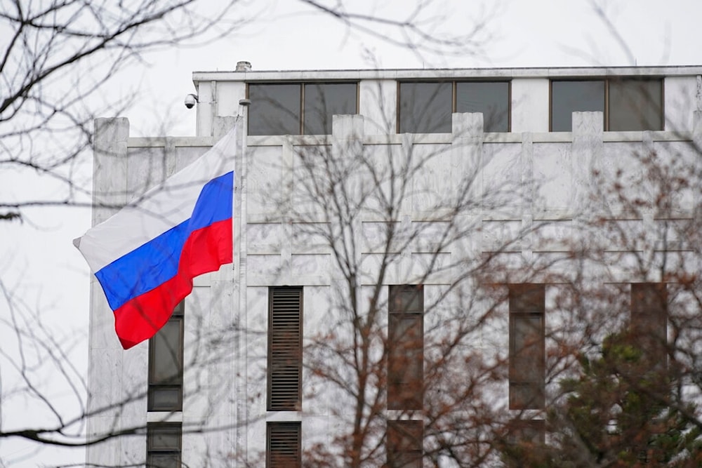  The Russian flag flies outside the Embassy of Russia in Washington, Feb. 24, 2022. (AP)