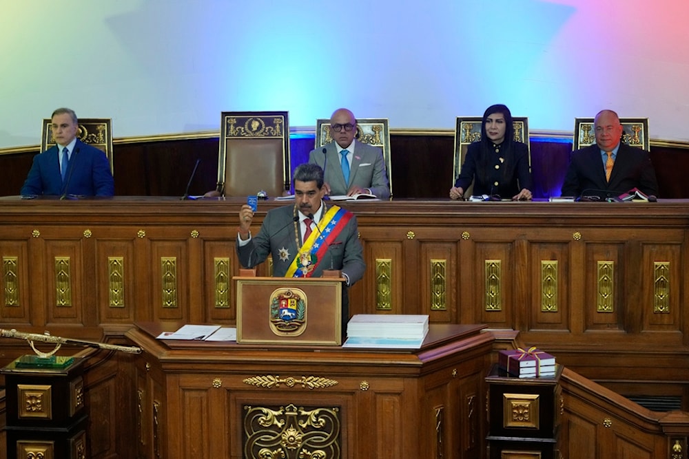 Venezuelan President Nicolas Maduro delivers his annual address at the National Assembly in Caracas, Venezuela, Monday, Jan. 15, 2024. (AP)