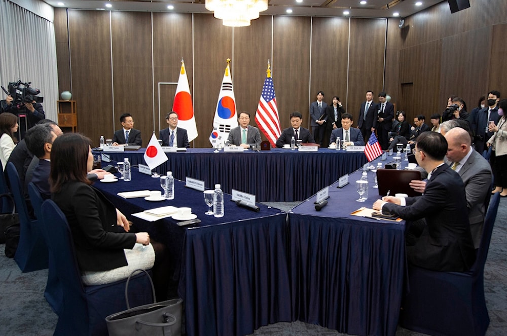 Chief South Korean nuclear negotiator, Kim Gunn, speaks during a three-way talk with Japanese nuclear envoy Takehiro Funakoshi and the U.S. special representative to DPRK Sung Kim at the Foreign Ministry in Seoul, South Korea, April 7, 2023. (AP)