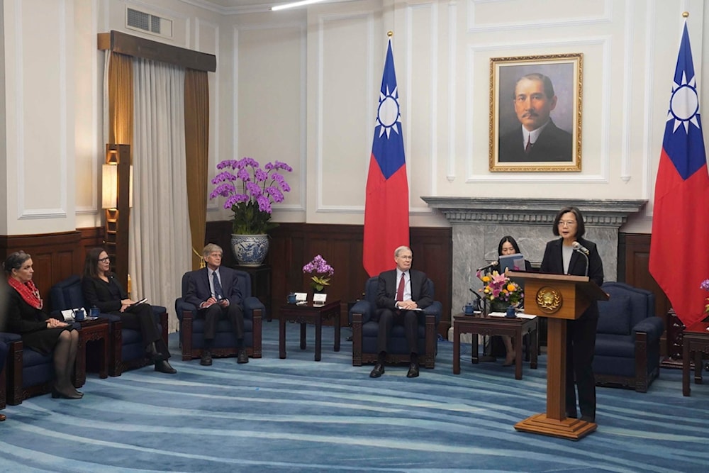 Director of the American Institute in Taiwan Sandra Oudkirk, Chair of the AIT Laura Rosenberger, US delegation listen as Tsai Ing-wen speaks at the Presidential Office in Taipei, Taiwan on Monday, Jan. 15, 2024 (AP)