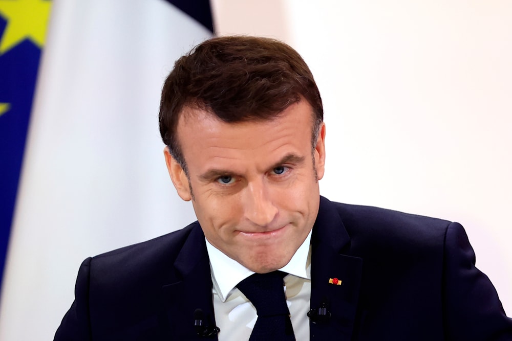 French President Emmanuel Macron prepares to hold his first prime-time news conference to announce his top priorities for the year on January 16, 2024. (AP)