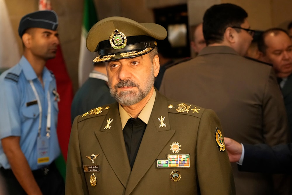 Iranian Defense Minister General Mohammad Reza Gharaei Ashtiani arrives for the Shanghai Cooperation Organization (SCO) meeting of defense ministers, in New Delhi, India, April 28, 2023 (AP)