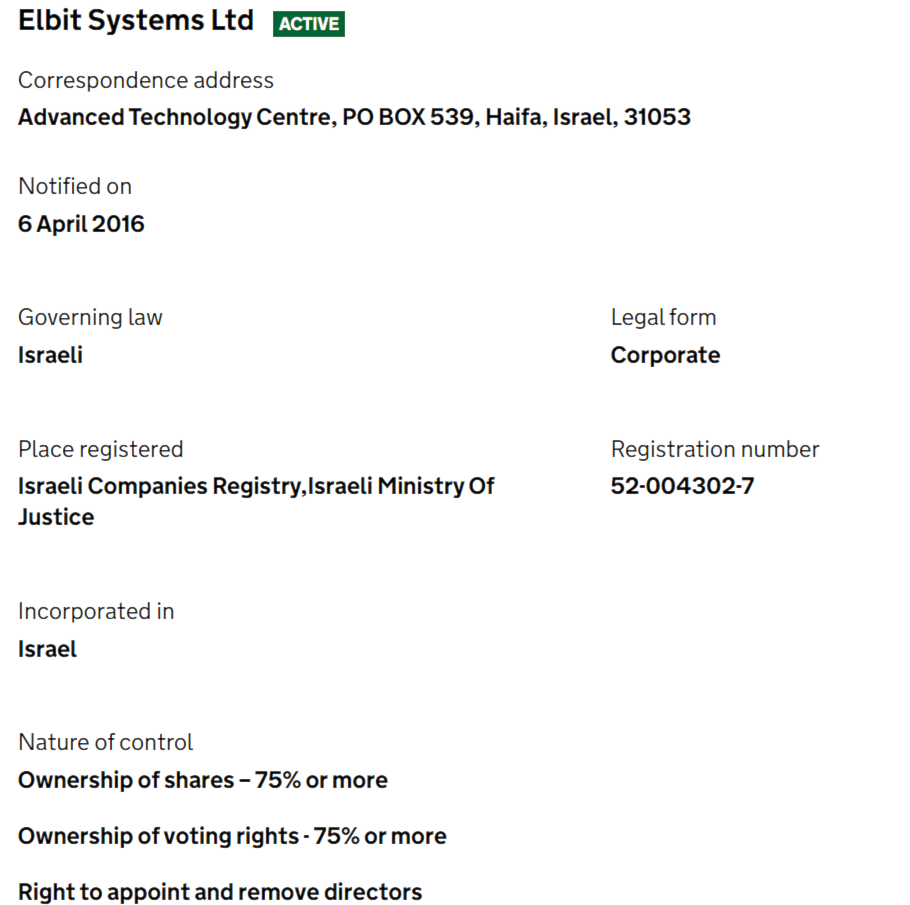 Companies House UK, listing 'Elbit Systems Ltd' as the person of control of 'Elbit Systems UK'. Jan 18,2024. 