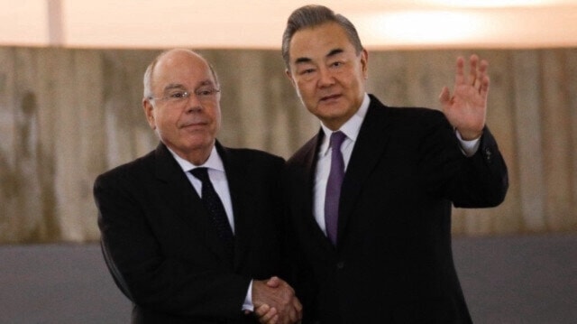 Brazilian Foreign Minister Mauro Vieira and Chinese Foreign Minister Wang Yi at Itamaraty Palace in Brasilia, Brazil, January 18, 2024. (AFP)