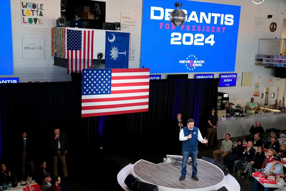 Republican presidential candidate Florida Gov. Ron DeSantis speaks during a campaign event at The Hangout on Saturday, Jan. 20, 2024, in Myrtle Beach, S.C. (AP Photo/Meg Kinnard)