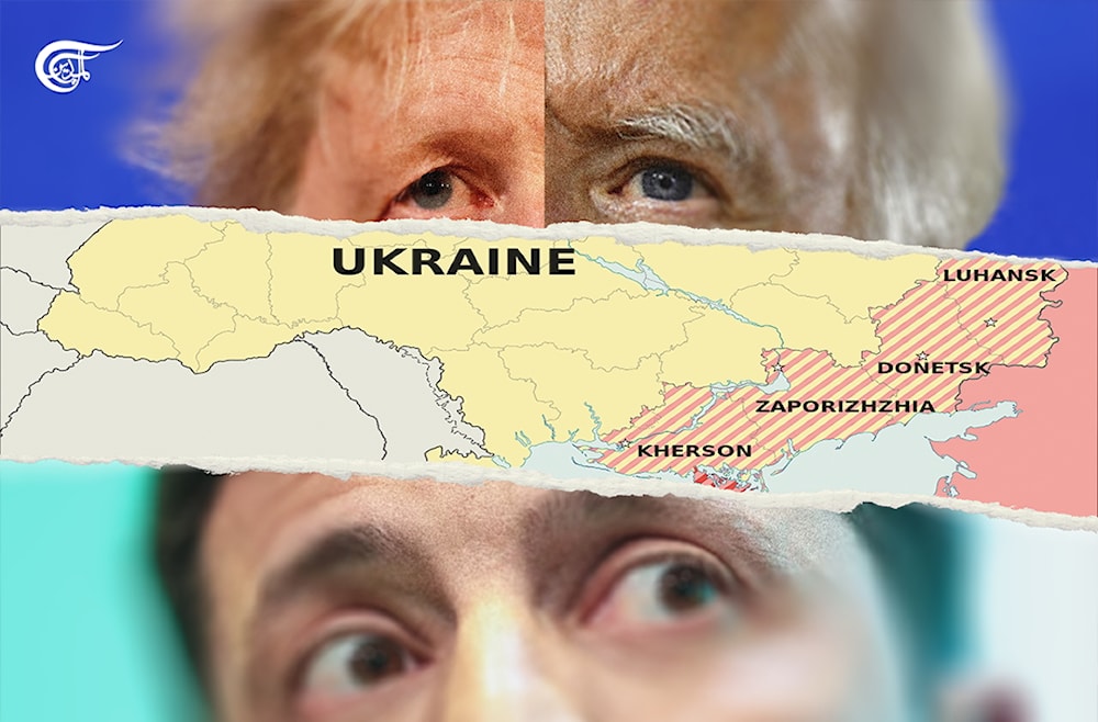 Despite Biden’s repeated pledges to support Ukraine “as long as it takes”, ultimately “Washington’s hand is on the tap of military and financial aid that is the lifeblood of Ukraine’s war effort.” (Al Mayadeen English; Illustrated by Arwa Makki)