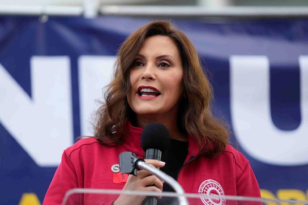 Michigan Gov. Gretchen Whitmer speaks to United Auto Workers members at a rally, Sept. 15, 2023, in Detroit (AP)