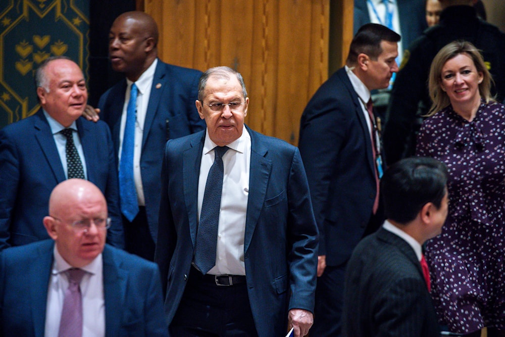 Russian Foreign Minister Sergei Lavrov, center, arrives to attend a security council meeting at United Nations Headquarters, Monday, Jan. 22, 2024.(AP)