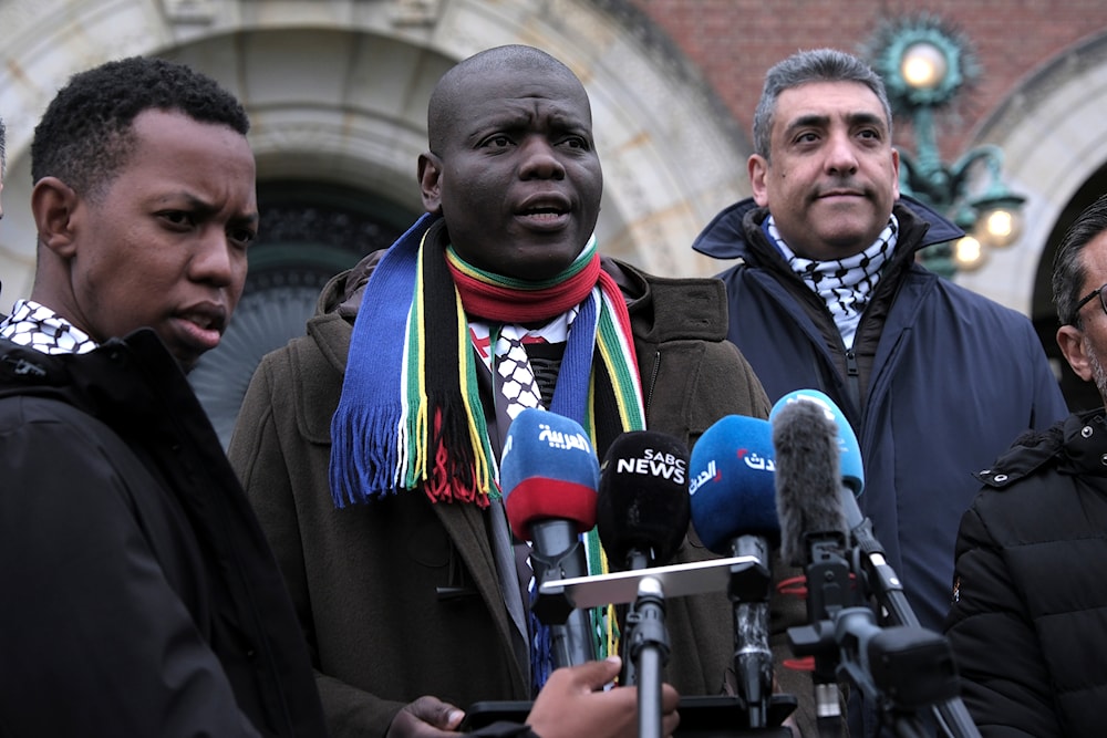 Minister of Justice and Correctional Services of South Africa Ronald Lamola addresses media during a press conference after a hearing at the International Court of Justice in The Hague, Netherlands, Friday, Jan. 12, 2024(AP)