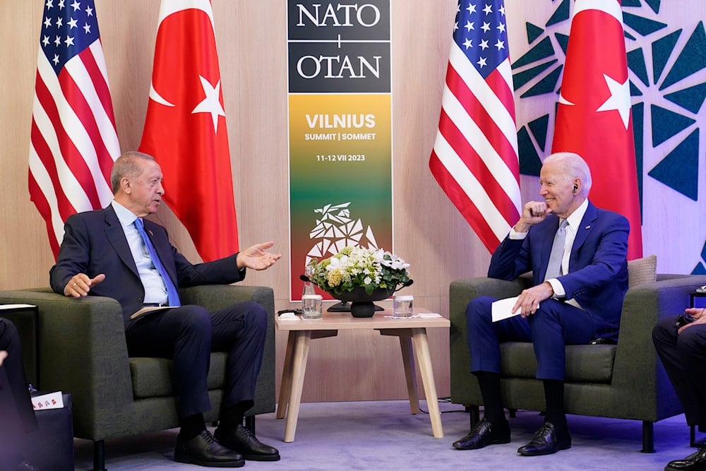 President Joe Biden and Turkey's President Recep Tayyip Erdogan meet on the sidelines of the NATO summit in Vilnius, Lithuania, Tuesday, July 11, 2023.(AP)